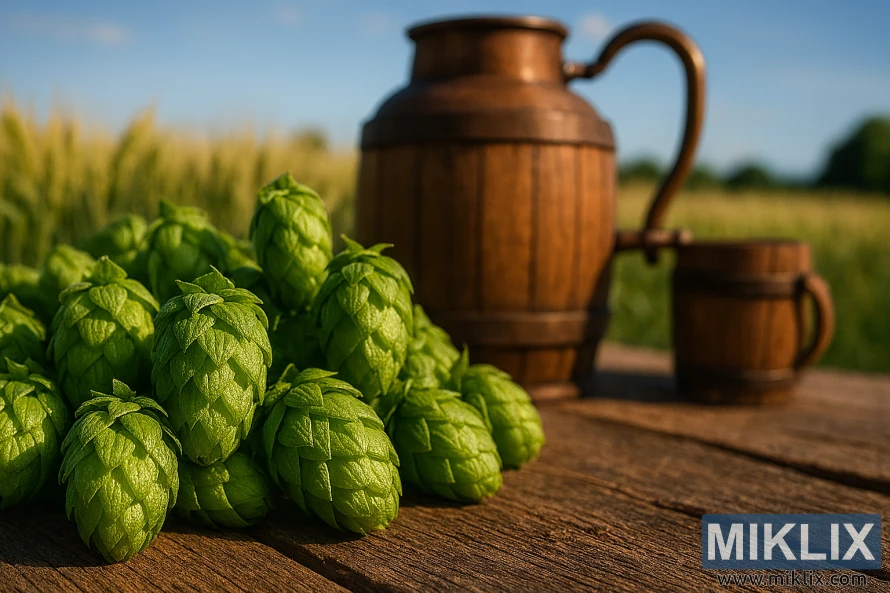 Close-up of fresh Sladek hops with rustic brewing setup and barley field in background