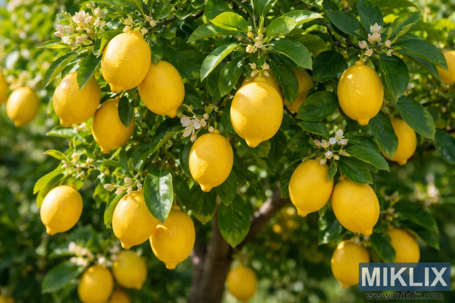 Cây chanh Eureka với những quả chanh chín vàng và lá xanh tươi tốt dưới ánh nắng mặt trời.