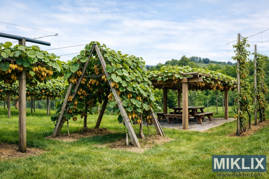 Landscape photo showing multiple kiwi vine trellis systems including T-bar, A-frame, pergola, and vertical supports with fruit-laden vines in an orchard. Landscape photo showing multiple kiwi vine trellis systems including T-bar, A-frame, pergola, and vertical supports with fruit-laden vines in an orchard.