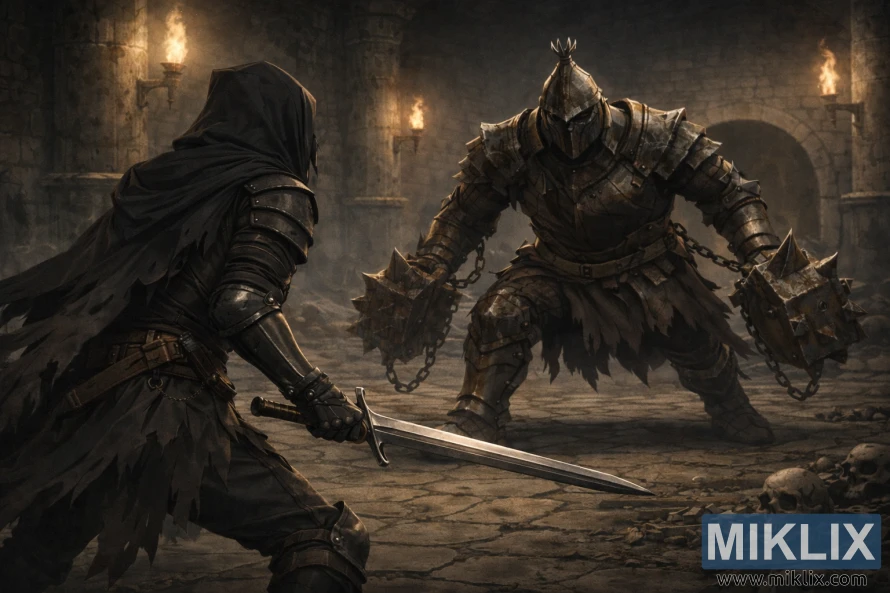 جنگ سے ٹھیک پہلے ٹارچلیٹ مرک واٹر کیٹاکومبس میں گریو وارڈن ڈوئلسٹ کا سامنا کرتے ہوئے تلوار چلاتے ہوئے داغدار کی حقیقت پسندانہ سیاہ فنتاسی مثال۔