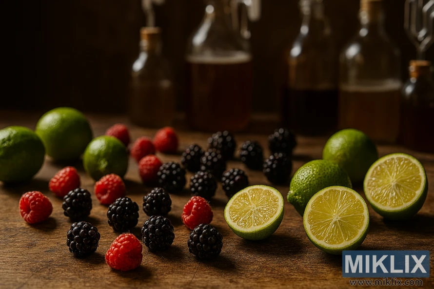 Zrele limete, maline i kupine na izlizanom drvenom stolu sa zamućenim posudama za fermentaciju u pozadini