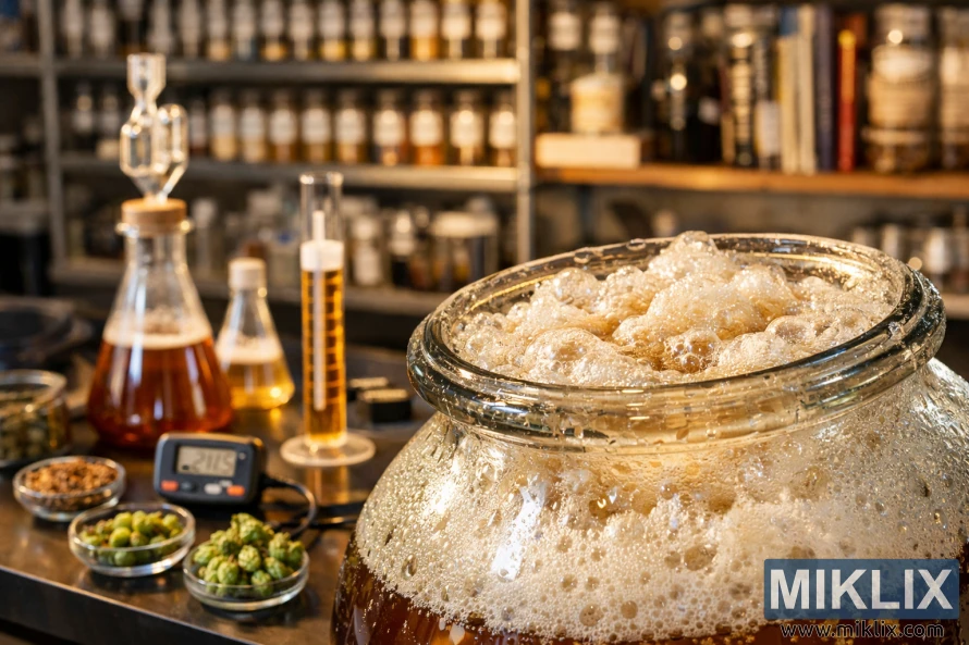 Close-up of a glass fermentation vessel with bubbling yeast foam, brewing tools, hops, and malt in a warmly lit laboratory workspace. Close-up of a glass fermentation vessel with bubbling yeast foam, brewing tools, hops, and malt in a warmly lit laboratory workspace.