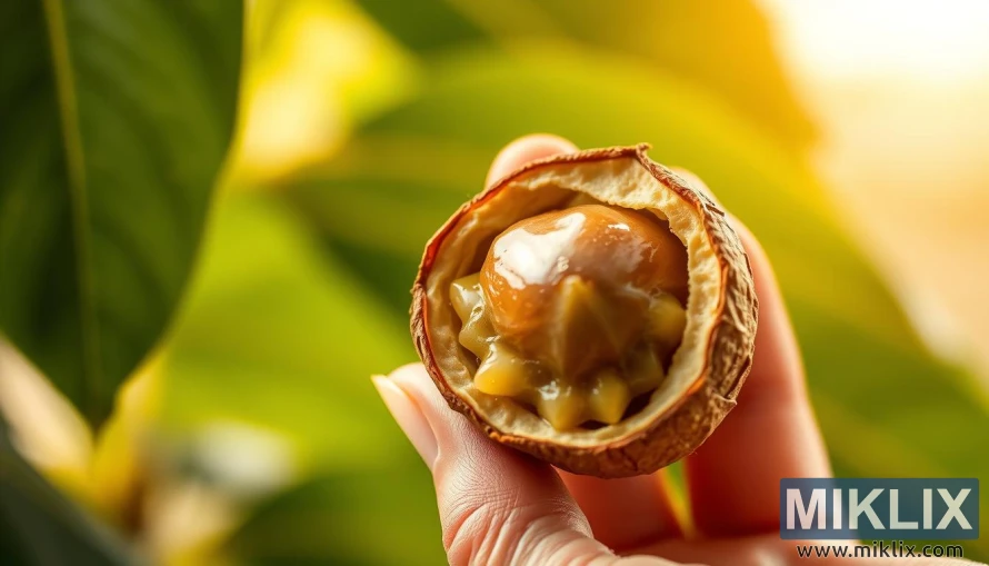 धमिलो हरियो पात भएको पृष्ठभूमिमा बनावटी खोल र सुनौलो भित्री भाग भएको ब्राजिल नट समातेको हात। धमिलो हरियो पात भएको पृष्ठभूमिमा बनावटी खोल र सुनौलो भित्री भाग भएको ब्राजिल नट समातेको हात।