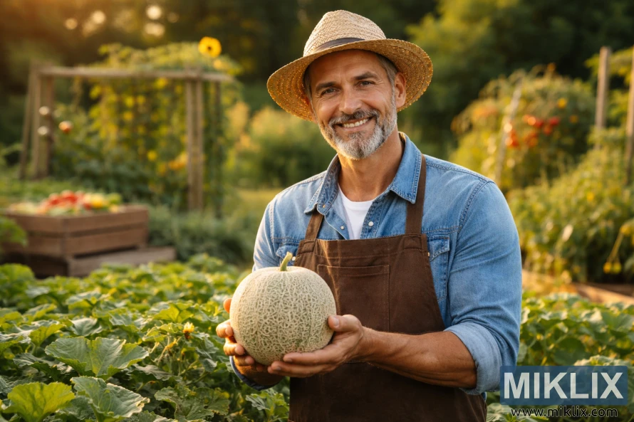Një kopshtar i buzëqeshur me një kapelë kashte mban një pjepër të pjekur ndërsa qëndron në një kopsht të harlisur, të ndriçuar nga dielli, të mbushur me bimë dhe perime të gjelbra.