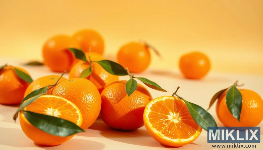 Հյութալի նարինջներ՝ դասավորված շերտերով, մեղմ ֆոնի վրա՝ տաք բնական լույսի ներքո։ Հյութալի նարինջներ՝ դասավորված շերտերով, մեղմ ֆոնի վրա՝ տաք բնական լույսի ներքո։