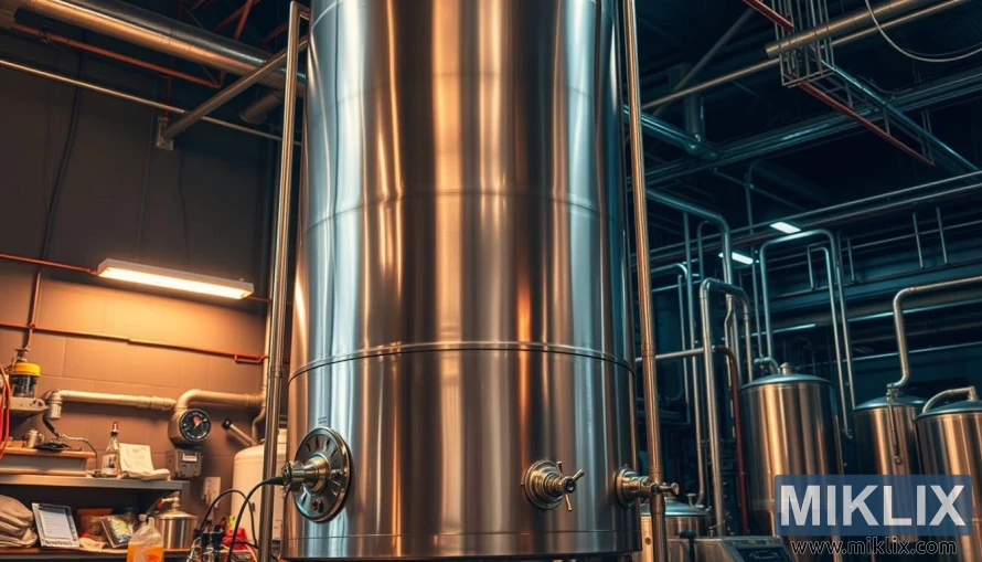 मंद प्रकाश असलेल्या व्यावसायिक ब्रुअरीमध्ये व्हॉल्व्ह आणि पोर्टसह मोठा स्टेनलेस स्टील फर्मेंटर.