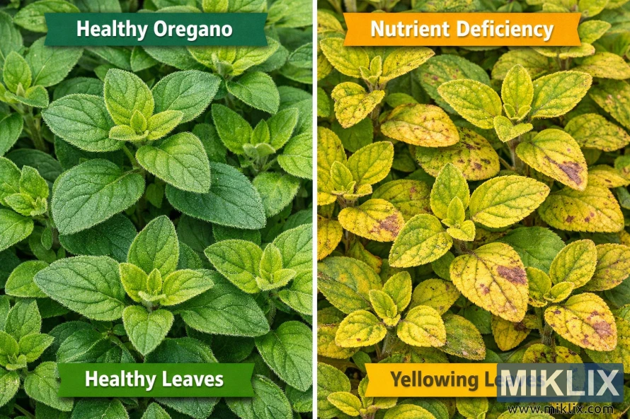 Side-by-side comparison of healthy green oregano leaves and yellowing oregano leaves showing nutrient deficiency symptoms.