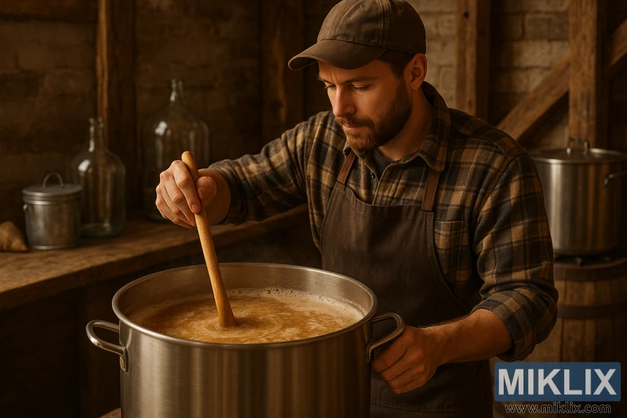 Mai gida a cikin rigar plaid yana motsa dusar ƙanƙara a cikin wani wuri mai haske, mai haske mai dumi tare da katako na katako da bangon dutse.