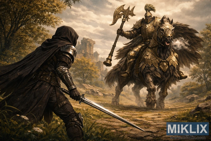 Opera fantasy semi-realistica di un guerriero incappucciato raffigurato di spalle sulla sinistra, mentre impugna una spada e affronta un imponente cavaliere dorato a cavallo in un campo soleggiato e pieno di rovine.
