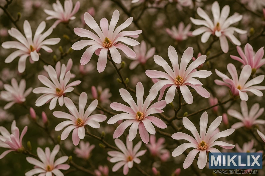 Close-up of blooming Loebner Magnolia tree with numerous star-shaped white and pink flowers on delicate branches.