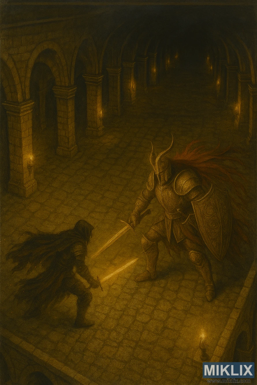 Realistic fan art of the Tarnished fighting Crucible Knight Ordovis in a vast cathedral hall.