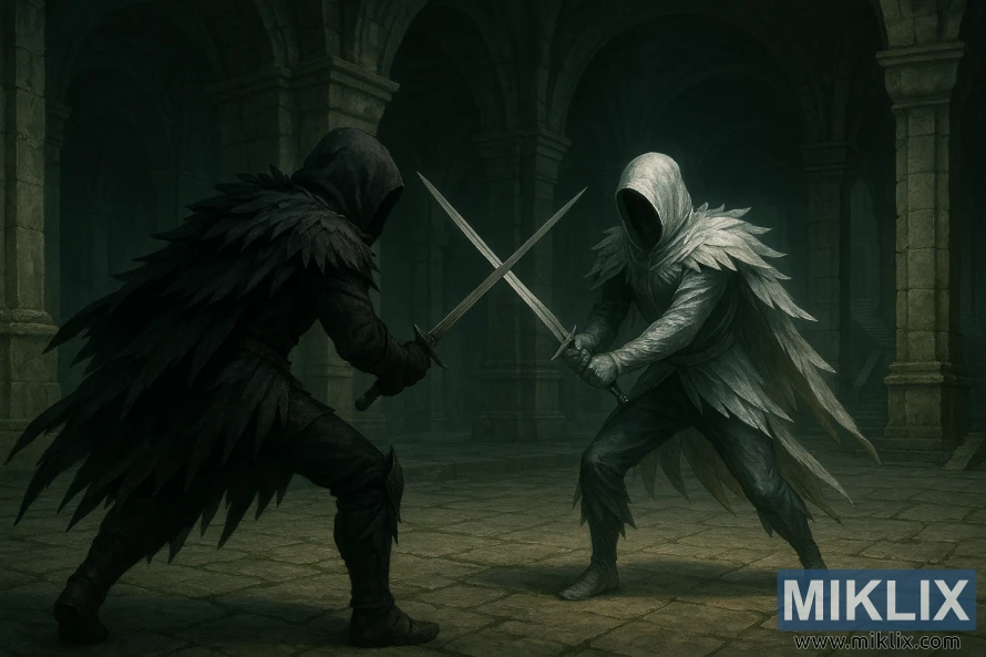 Tukio lisilo halisi la shujaa aliyevaa Kisu Cheusi akipigana na mwigo wa rangi ya fedha inayong'aa katika ukumbi wa zamani wa chini ya ardhi. Tukio lisilo halisi la shujaa aliyevaa Kisu Cheusi akipigana na mwigo wa rangi ya fedha inayong'aa katika ukumbi wa zamani wa chini ya ardhi.