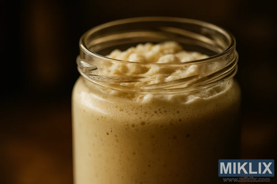 Ապակե տարա՝ լցված խիտ, կրեմագույն, սպիտակավուն խմորիչի մշակույթով՝ մեղմ կողային լուսավորության տակ Ապակե տարա՝ լցված խիտ, կրեմագույն, սպիտակավուն խմորիչի մշակույթով՝ մեղմ կողային լուսավորության տակ