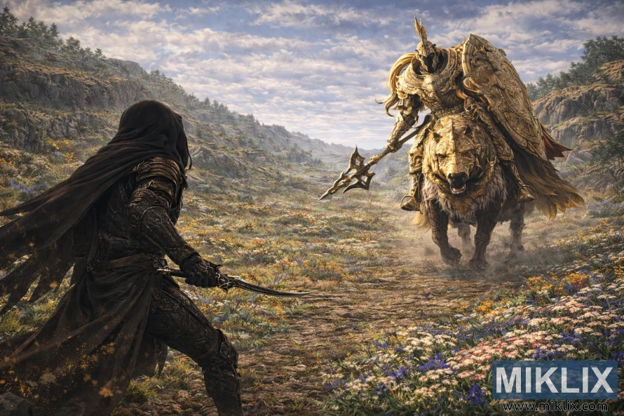 Realistic fantasy scene showing the Tarnished from behind facing a towering Tree Sentinel on horseback in a wide, flower-filled landscape before combat.