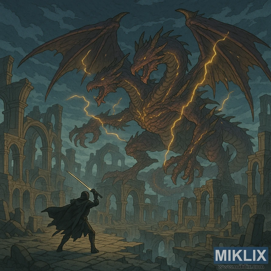 Anime-style illustration of a lone warrior in Black Knife armor confronting the two-headed dragon Dragonlord Placidusax amid towering ruins and lightning in Crumbling Farum Azula. Anime-style illustration of a lone warrior in Black Knife armor confronting the two-headed dragon Dragonlord Placidusax amid towering ruins and lightning in Crumbling Farum Azula.