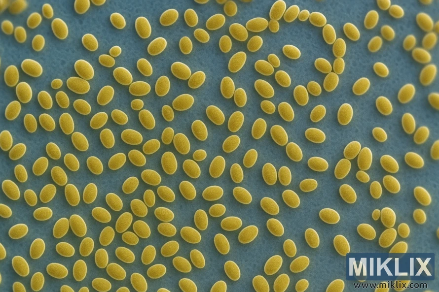 High-resolution microscopic image of Saccharomyces cerevisiae var. diastaticus yeast cells showing golden ovoid structures on a blue background. High-resolution microscopic image of Saccharomyces cerevisiae var. diastaticus yeast cells showing golden ovoid structures on a blue background.