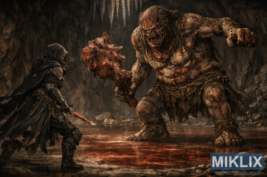 Düstere Fantasy-Szene: Ein hoch aufragender Blutdämonen-Anführer ragt in Schwarzmesser-Rüstung in einer blutüberfluteten Höhle vor der Schlacht über die Befleckten auf.