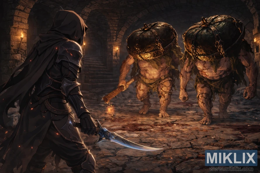 Umjetnička umjetnost obožavatelja u anime stilu koja prikazuje Potamnjelog u oklopu Crnog Noža kako se suočava s dva šefa Lude Pumpkin Head unutar podruma osvijetljenog bakljama ispod ruševina Caelem u Elden Ringu.