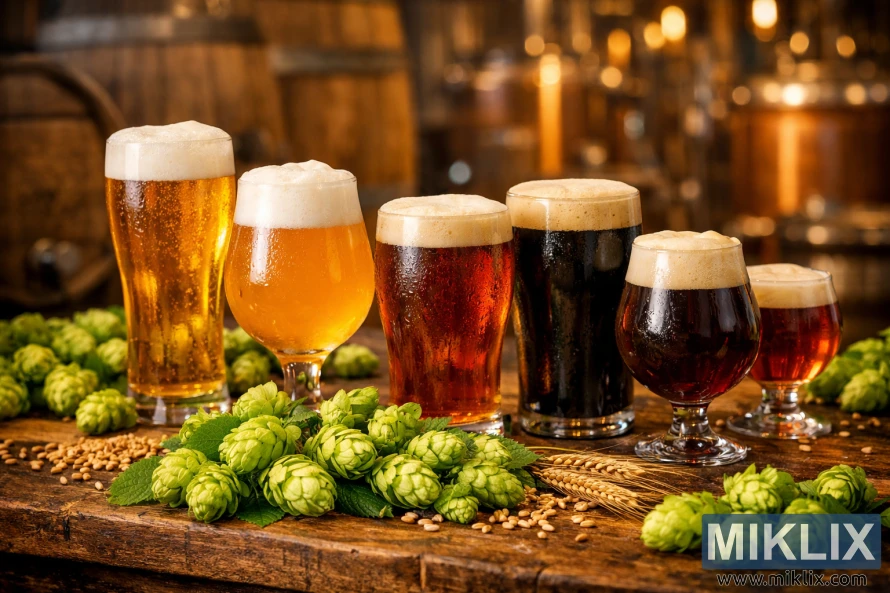 A lineup of craft beers in different colors and styles on a rustic wooden table with fresh green hop cones and barley, set against a softly lit brewery background.