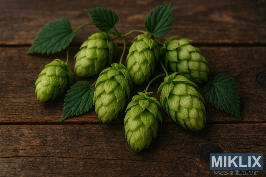 Close-up of fresh Wuerttemberger hop cones on a rustic wooden table Close-up of fresh Wuerttemberger hop cones on a rustic wooden table