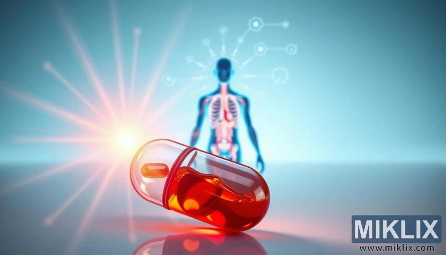 3D илюстрация на светеща капсула CoQ10 с енергийни линии и човешки силует. 3D илюстрация на светеща капсула CoQ10 с енергийни линии и човешки силует.