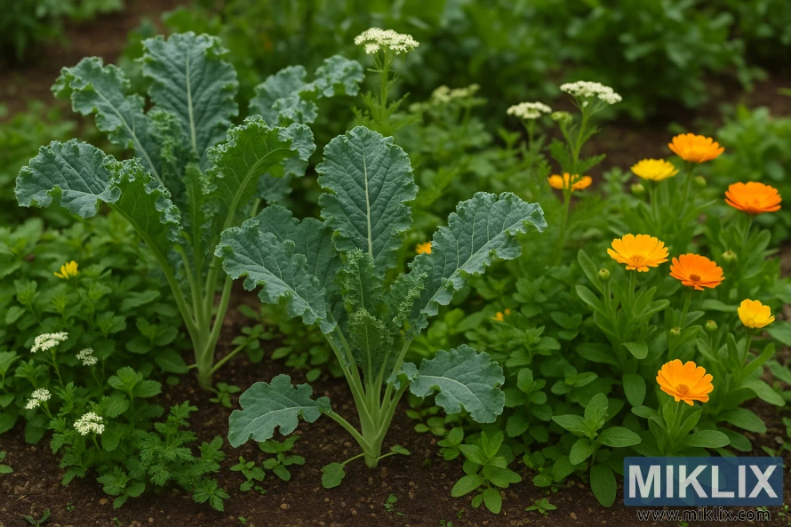 Healthy kale plants growing beside calendula and yarrow in a lush garden bed.