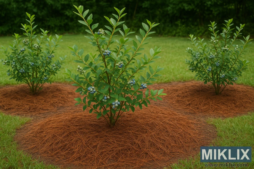 Three healthy blueberry bushes surrounded by reddish-brown pine needle mulch in a neatly maintained garden with green grass and trees in the background.