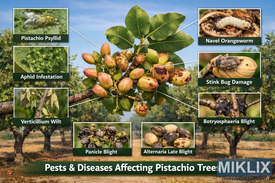 資訊圖表顯示了開心果樹枝和果園,並標註了開心果主要害蟲和疾病的特寫鏡頭,包括木蝨、蚜蟲、枯萎病和臍橙蟲。 資訊圖表顯示了開心果樹枝和果園,並標註了開心果主要害蟲和疾病的特寫鏡頭,包括木蝨、蚜蟲、枯萎病和臍橙蟲。