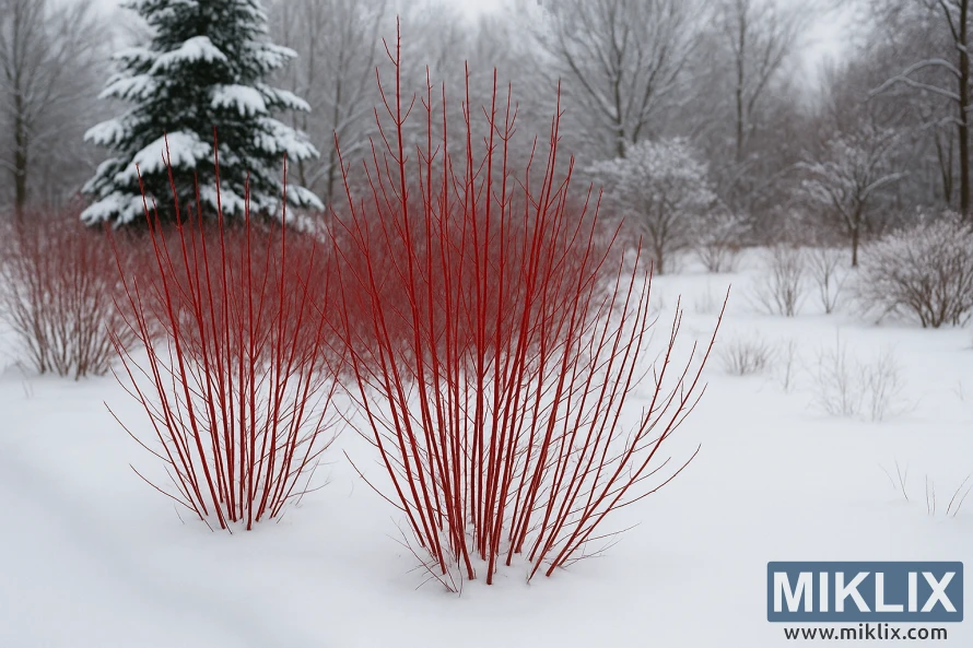 Arbusts de sanguinyol de branquetes vermelles vibrants que destaquen contra un paisatge hivernal nevat amb arbres de fulla perenne i sense fulles al fons.