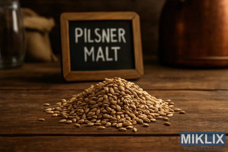 एका ग्रामीण लाकडी टेबलावर ठेवलेल्या फिकट सोनेरी पिल्सनर माल्ट धान्यांचा क्लोज-अप ज्याच्या पार्श्वभूमीत अस्पष्ट होमब्रूइंग टूल्स आहेत.