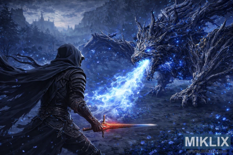 Anime-style fan art showing the Tarnished seen from behind in Black Knife armor wielding a sword against the Ghostflame Dragon breathing blue fire on Moorth Highway in Elden Ring: Shadow of the Erdtree.