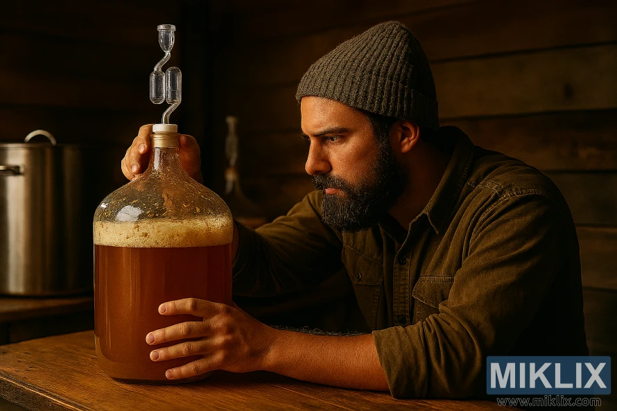 Bradati muškarac u rustikalnoj radionici prati fermentaciju piva u staklenoj posudi s vodenom komorom.