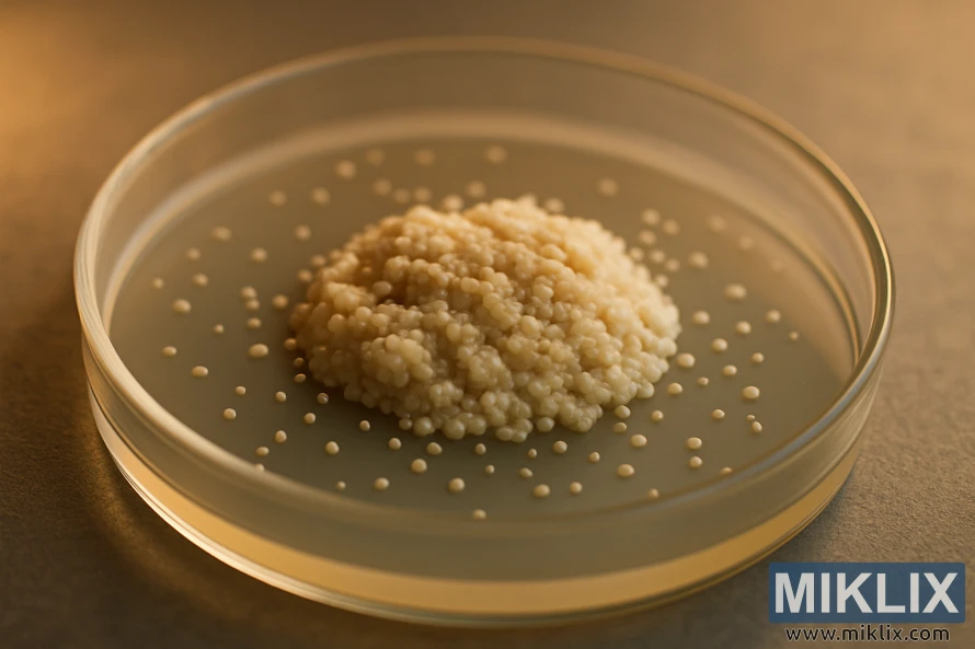 Nærbilde av en kremet ølgjærkultur i en petriskål under varmt lys.