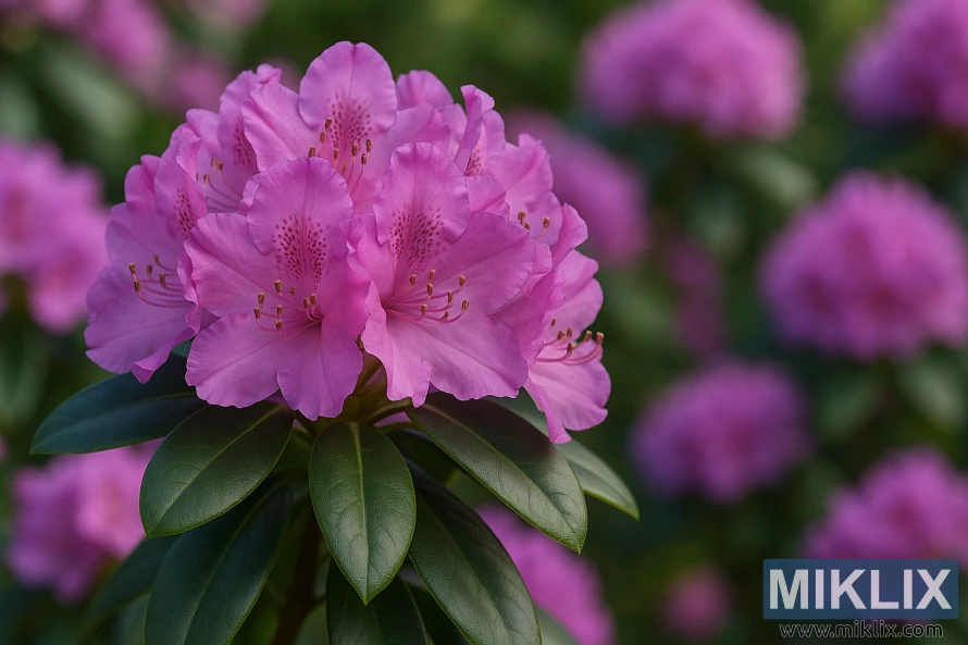 Close-up of Roseum Elegans rhododendron with pinkish-purple dome-shaped blossoms. Close-up of Roseum Elegans rhododendron with pinkish-purple dome-shaped blossoms.