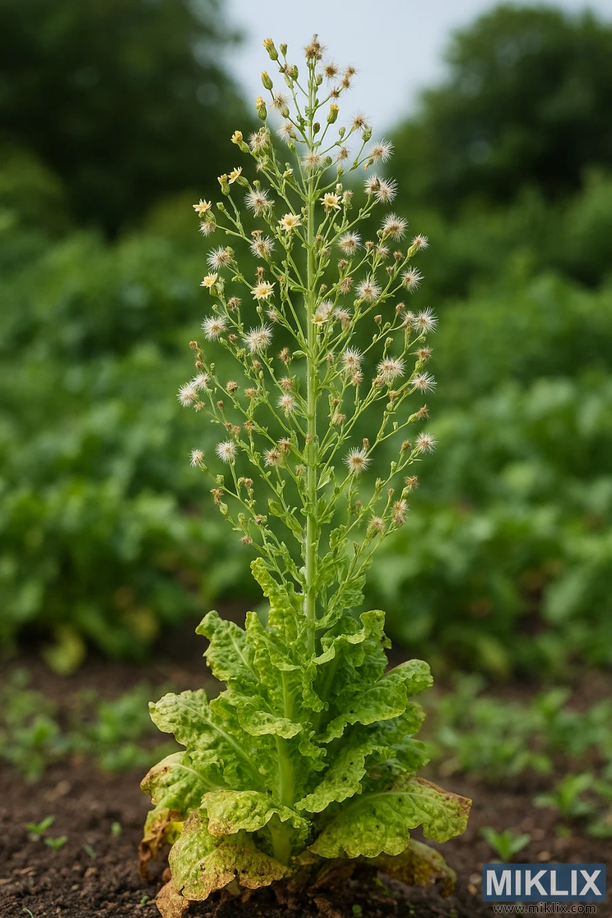 A bolted lettuce plant with a tall flowering stalk and seed heads in a garden setting