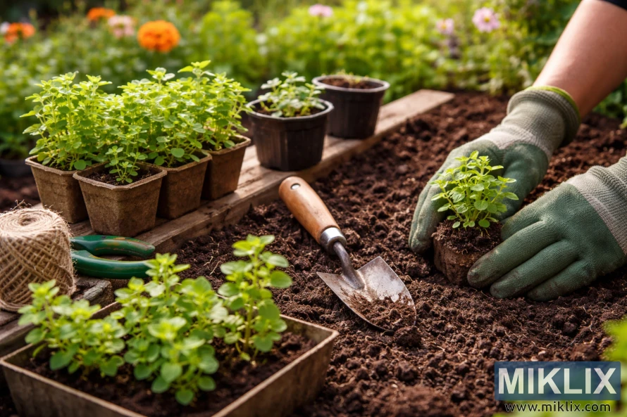 Hands wearing gardening gloves transplant oregano seedlings into rich soil in a raised garden bed with tools and potted plants nearby.
