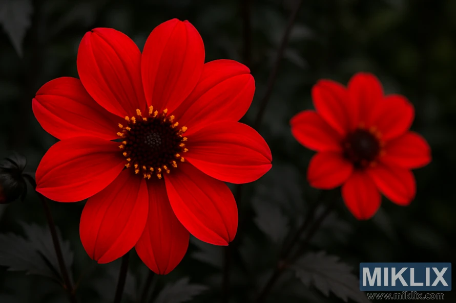 Close-up of a Bishop of Llandaff dahlia with scarlet petals and dark foliage.
