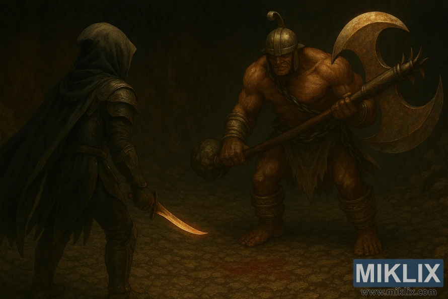 Реалистичен фан-арт на Оцрнетиот во оклоп од црн нож свртен кон бесниот дуелист во затворската пештера.