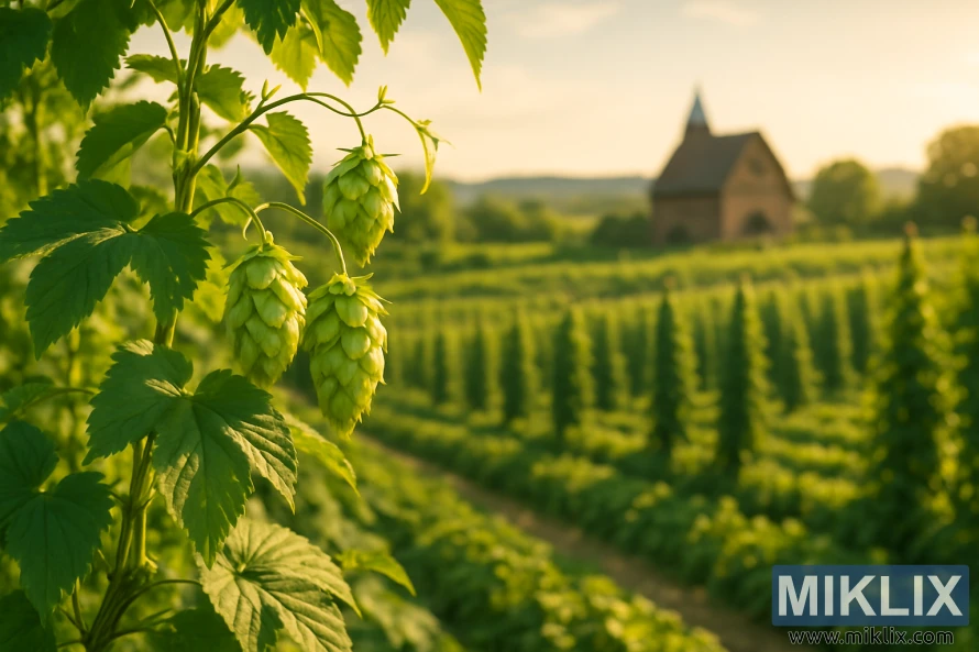 Câmp de hamei cu viță de vie verde, conuri și un hambar rustic sub lumina aurie a soarelui.