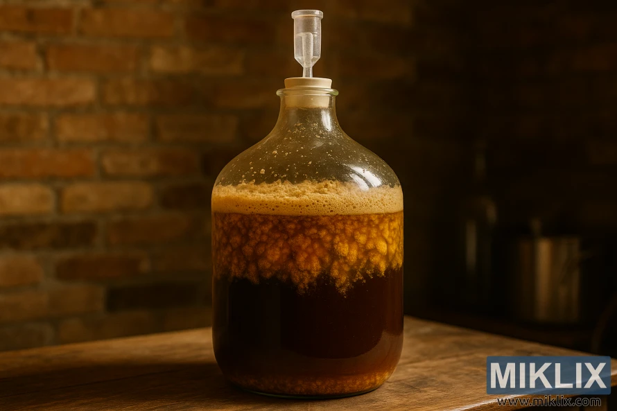 ਸਟ੍ਰਾਂਗ ਡਾਰਕ ਬੈਲਜੀਅਨ ਏਲ ਦਾ ਕੱਚ ਦਾ ਕਾਰਬੌਏ ਪੇਂਡੂ ਲੱਕੜ 'ਤੇ ਸਰਗਰਮੀ ਨਾਲ ਖਮੀਰ ਕਰ ਰਿਹਾ ਹੈ।