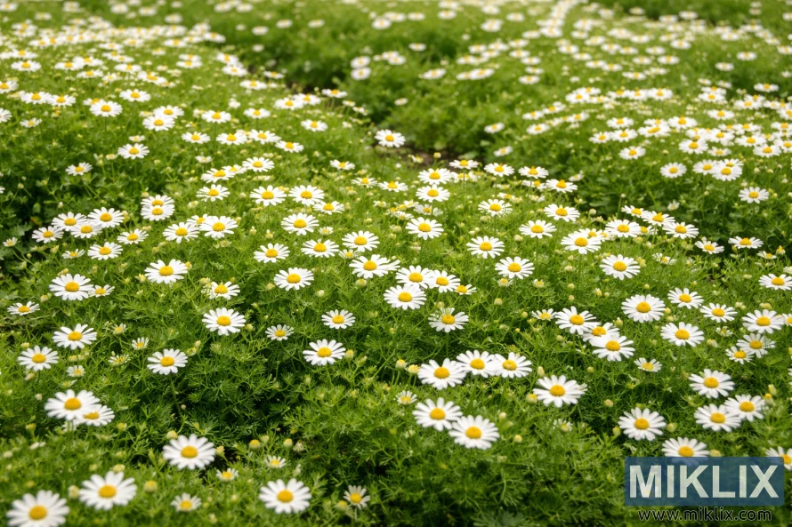 Wide landscape view of Roman chamomile growing as a low ground cover with numerous white daisy-like flowers and yellow centers across lush green foliage.