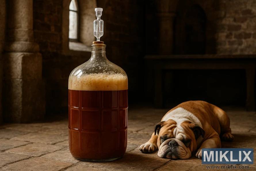 Botol kaca berisi bir Trappist yang difermentasi di sebuah biara dengan seekor anjing bulldog yang tidur di lantai batu. Botol kaca berisi bir Trappist yang difermentasi di sebuah biara dengan seekor anjing bulldog yang tidur di lantai batu.