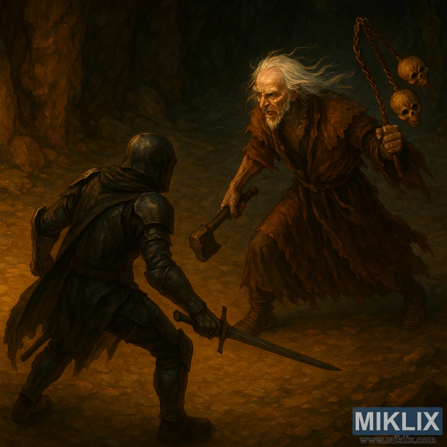 Dark fantasy artwork of the Black Knife–armored Tarnished facing Necromancer Garris wielding a skull flail and mace in a warmly lit underground cave. Dark fantasy artwork of the Black Knife–armored Tarnished facing Necromancer Garris wielding a skull flail and mace in a warmly lit underground cave.