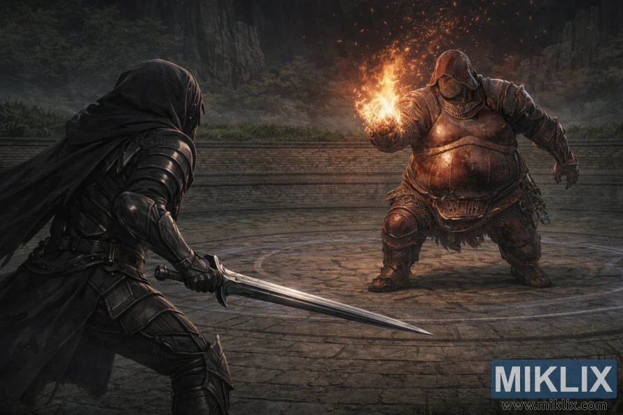 Ilustração realista ao estilo fantasia que mostra o Maculado com uma espada a enfrentar Adan, Ladrão de Fogo, à queima-roupa dentro da Evergaol do Malefactor.