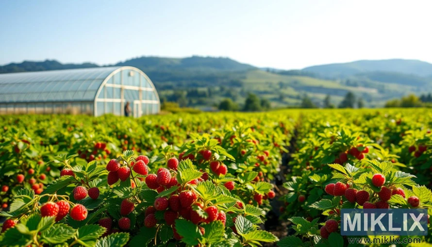 Ազնվամորու թփերի շարքեր՝ հասուն հատապտուղներով, խնամող գյուղացին և բլուրներ՝ ֆոնին։