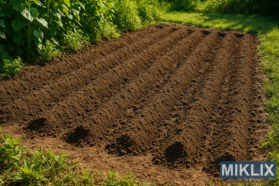 Nahaufnahme eines frisch vorbereiteten Gartenbeets mit gleichmäßig verteilten Reihen, reichhaltiger dunkler Erde und voller Sonneneinstrahlung, bereit zum Pflanzen von Sonnenblumen. Nahaufnahme eines frisch vorbereiteten Gartenbeets mit gleichmäßig verteilten Reihen, reichhaltiger dunkler Erde und voller Sonneneinstrahlung, bereit zum Pflanzen von Sonnenblumen.
