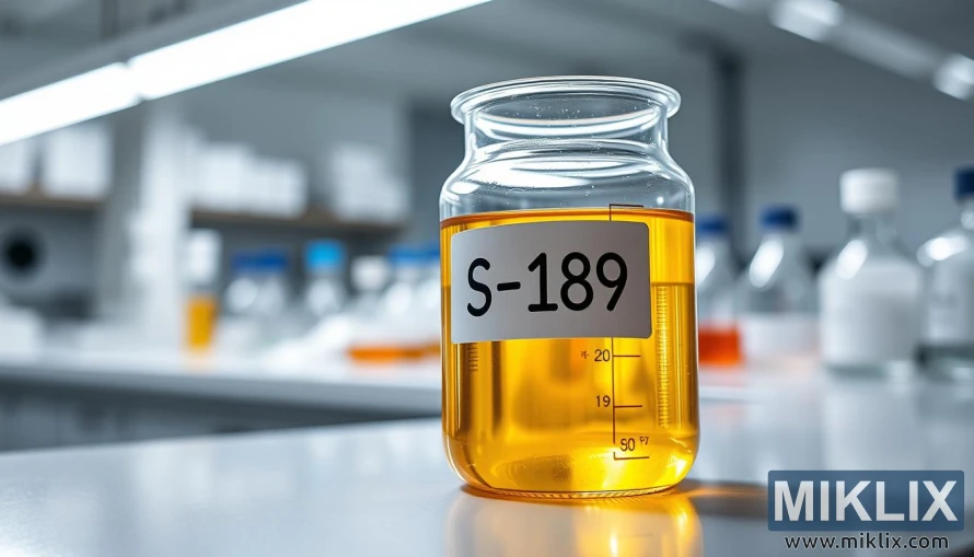Becher di vetro etichettato S-189 con liquido dorato su un bancone da laboratorio pulito e sotto una luce intensa.