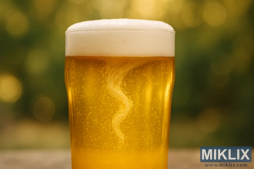 Close-up of a golden foaming glass of beer with a swirling vortex of bubbles rising to the surface, set against a blurred natural bokeh background. Close-up of a golden foaming glass of beer with a swirling vortex of bubbles rising to the surface, set against a blurred natural bokeh background.