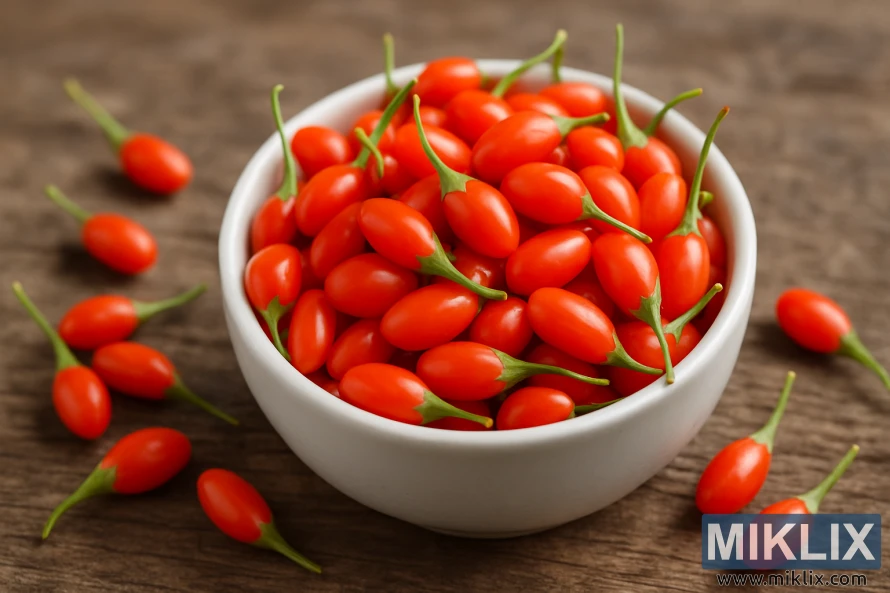 Close-up of fresh red goji berries in a small white bowl on a rustic wooden table with a few berries scattered around.