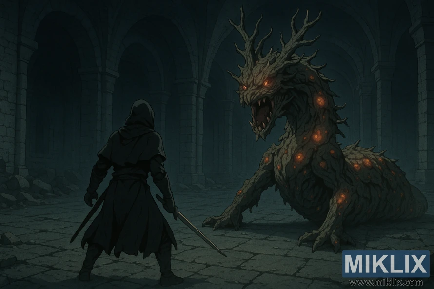 Kapuutsiga sõdalase tagantvaade, kes seisab silmitsi hiiglasliku mädanenud puumaoga, millel on ainult esijäsemed ja hõõguvad oranžid haavandid tumedas kivikatakombis.